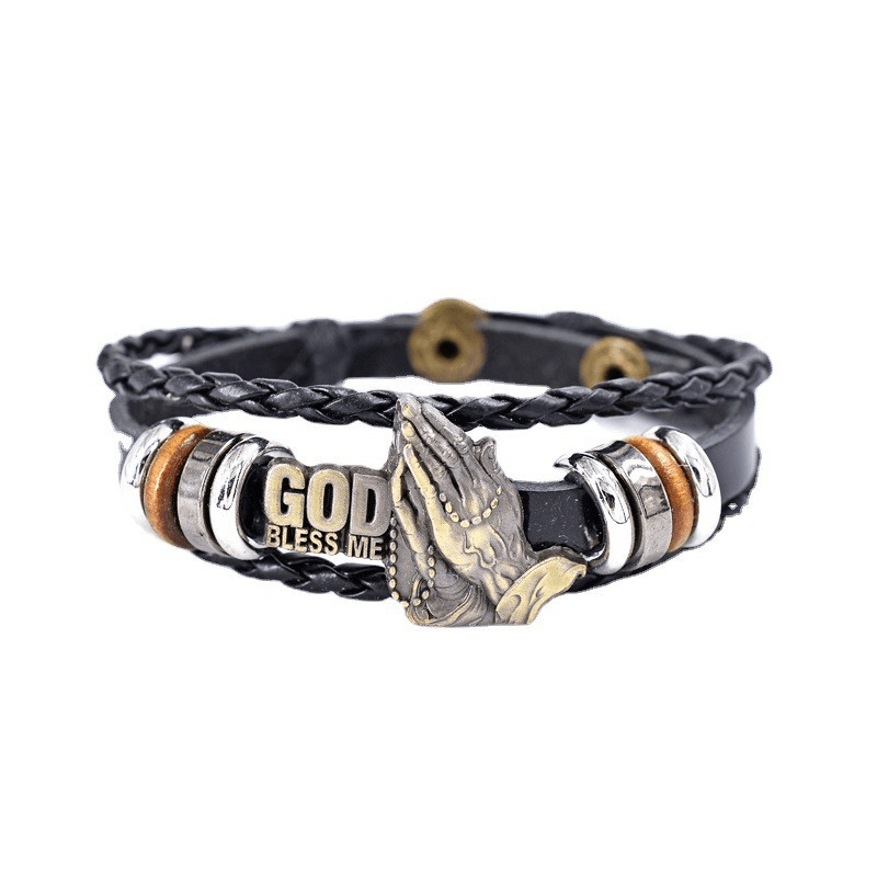 Christianartworkshop Retro - Style Praying Hands Bracelet GOD BLESS ME Black Braided Design - image 8