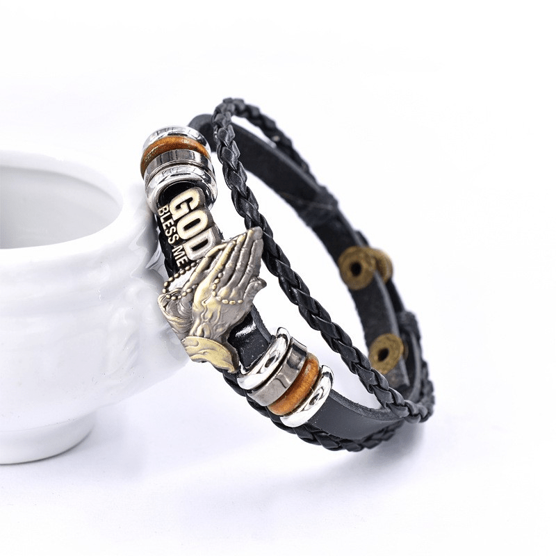 Christianartworkshop Retro - Style Praying Hands Bracelet GOD BLESS ME Black Braided Design - image 7