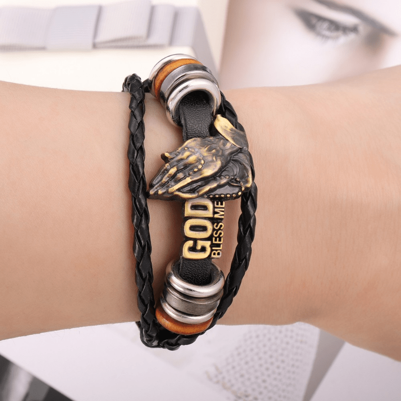 Christianartworkshop Retro - Style Praying Hands Bracelet GOD BLESS ME Black Braided Design - image 1