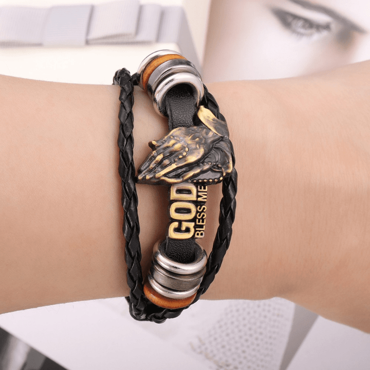 Christianartworkshop Retro - Style Praying Hands Bracelet GOD BLESS ME Black Braided Design - image 1