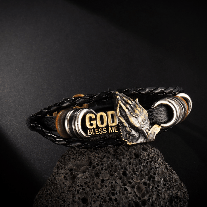 Christianartworkshop Retro - Style Praying Hands Bracelet GOD BLESS ME Black Braided Design - Wrist Circumference: 8.66''/22cm - image 0