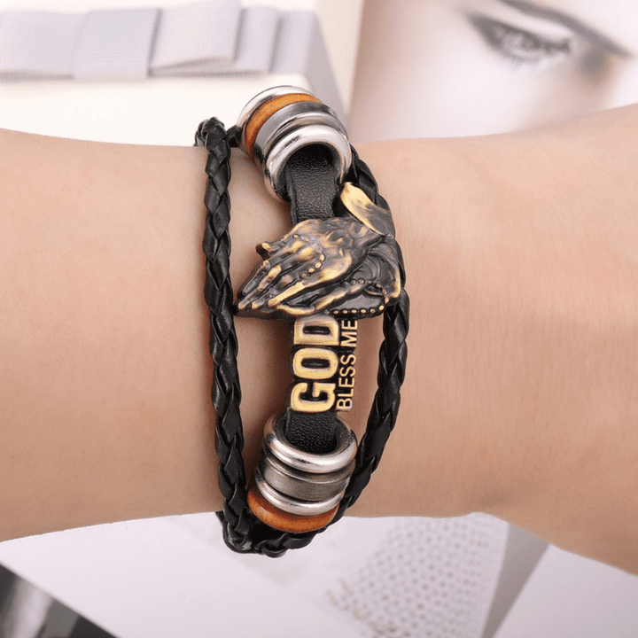 Christianartworkshop Retro - Style Praying Hands Bracelet GOD BLESS ME Black Braided Design - image 1