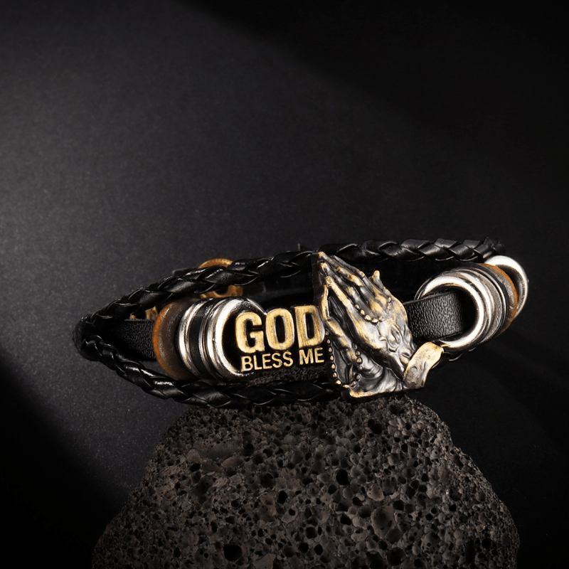 Christianartworkshop Retro - Style Praying Hands Bracelet GOD BLESS ME Black Braided Design - Wrist Circumference: 8.66''/22cm - image 0