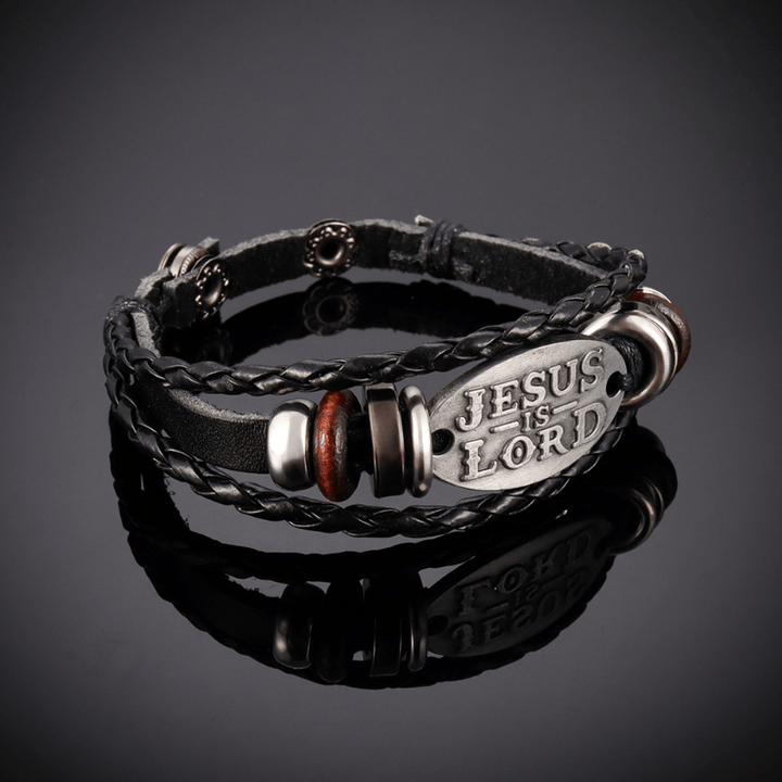 Christianartworkshop Black Braided Leather Bracelet with JESUS IS LORD Inscription - image 4