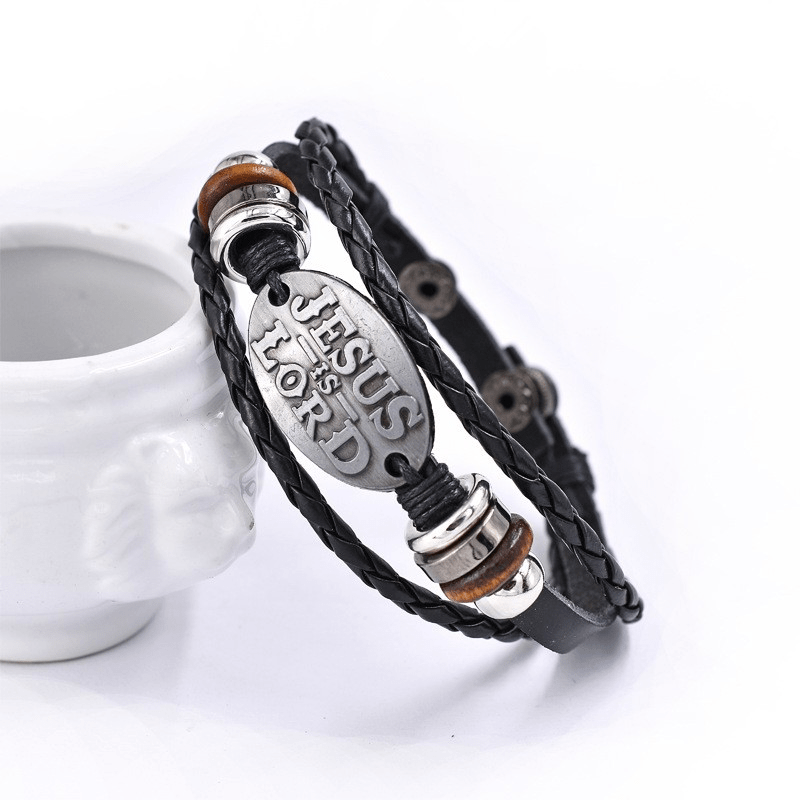 Christianartworkshop Black Braided Leather Bracelet with JESUS IS LORD Inscription - image 5