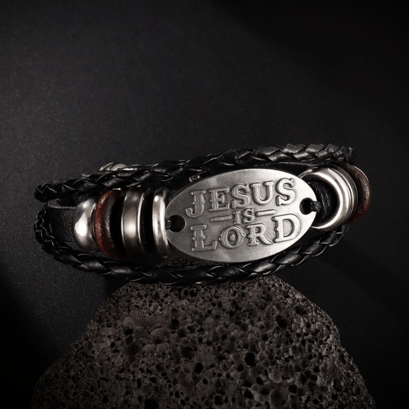 Christianartworkshop Black Braided Leather Bracelet with JESUS IS LORD Inscription - Wrist Circumference: 8.66''/22cm - image 0