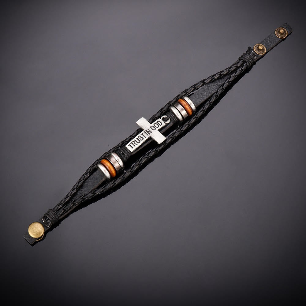 Christianartworkshop Black Braided Leather Bracelet with Cross & TRUST IN GOD Inscription - image 5