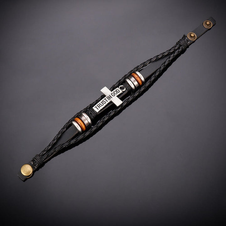 Christianartworkshop Black Braided Leather Bracelet with Cross & TRUST IN GOD Inscription - image 5