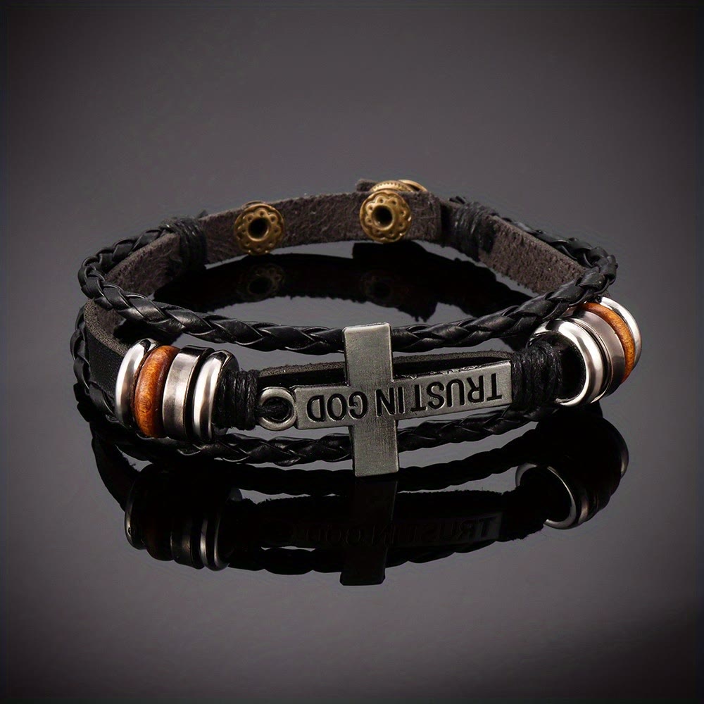 Christianartworkshop Black Braided Leather Bracelet with Cross & TRUST IN GOD Inscription - image 2