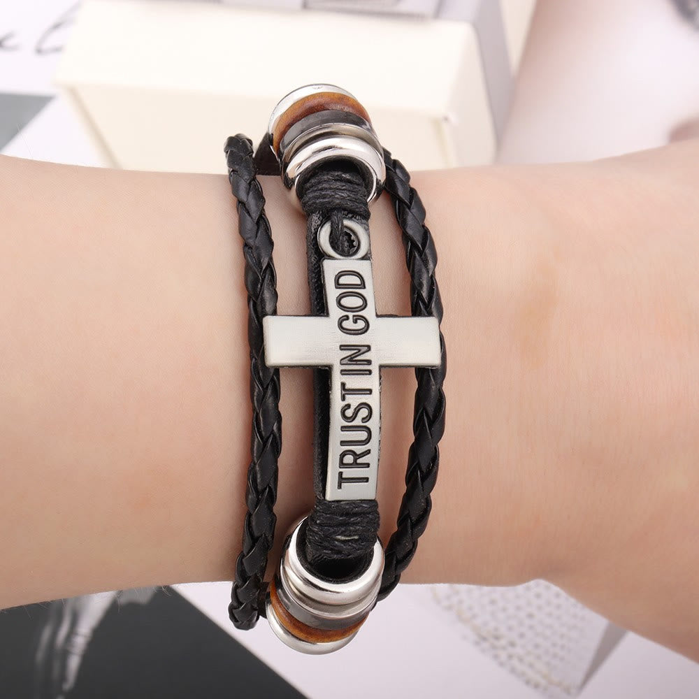 Christianartworkshop Black Braided Leather Bracelet with Cross & TRUST IN GOD Inscription - image 1