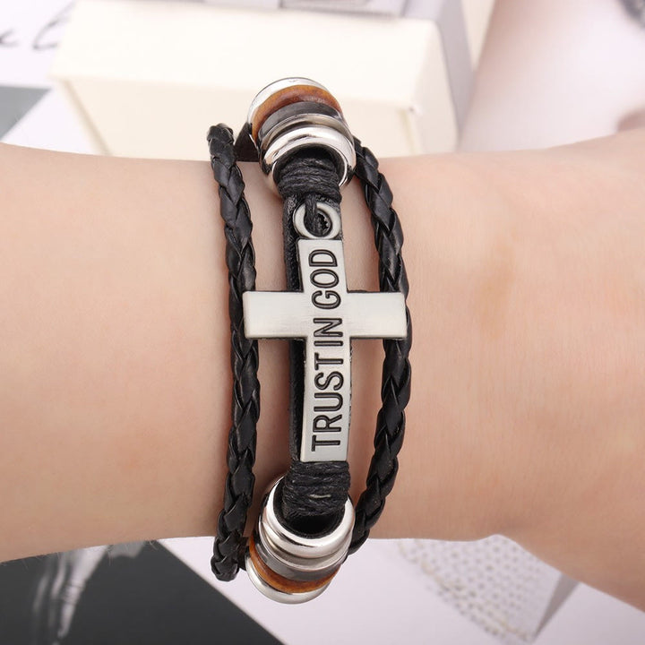 Christianartworkshop Black Braided Leather Bracelet with Cross & TRUST IN GOD Inscription - image 1