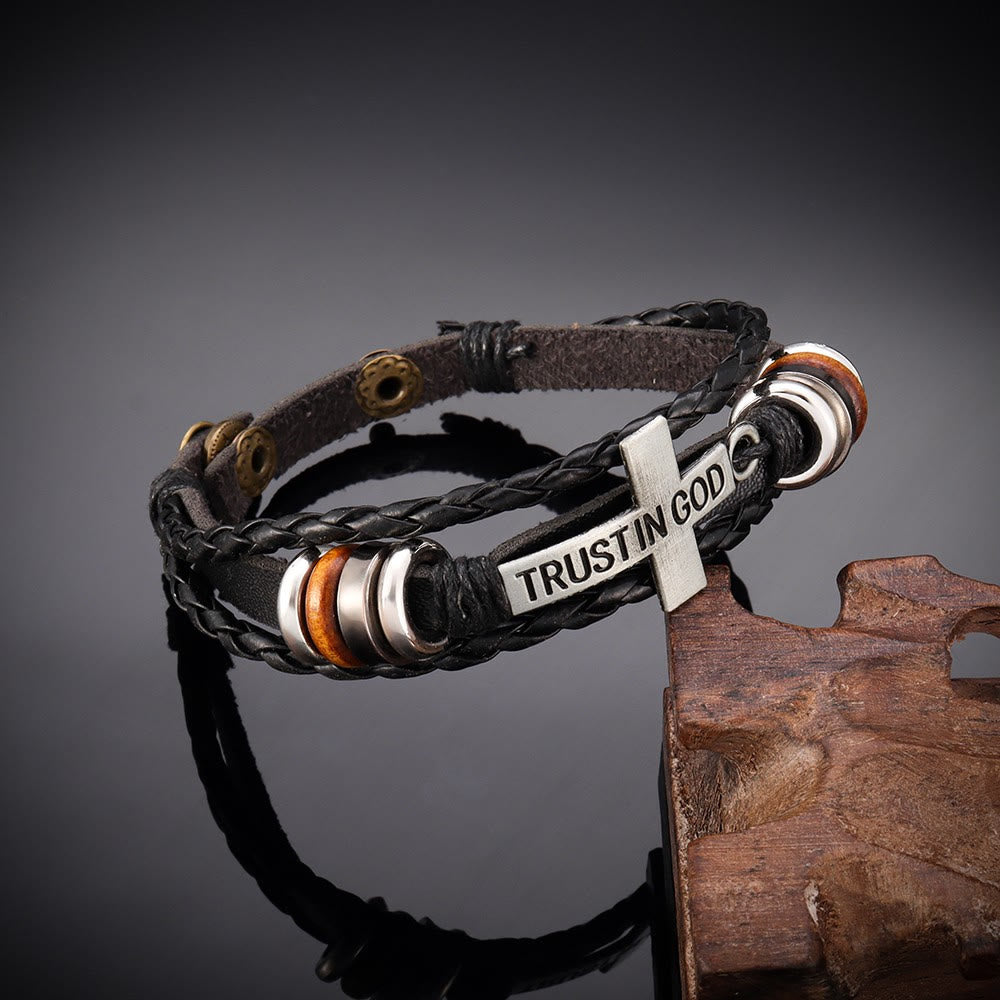 Christianartworkshop Black Braided Leather Bracelet with Cross & TRUST IN GOD Inscription - image 3
