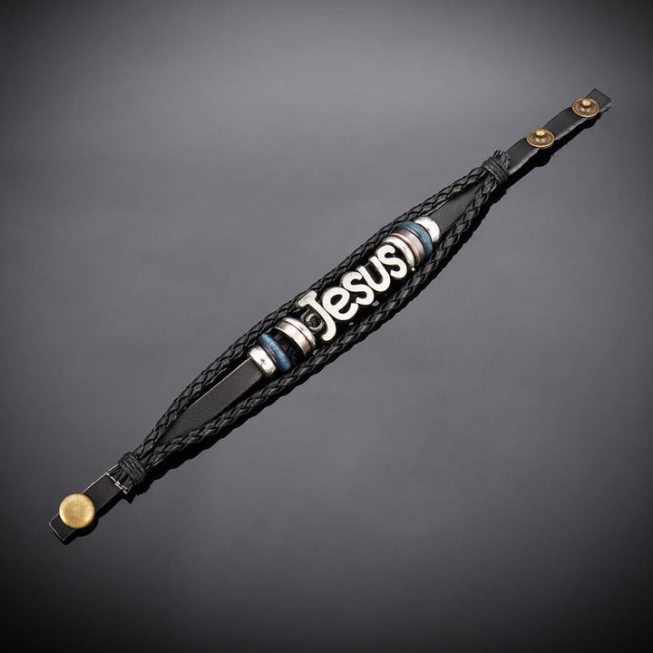 Christianartworkshop Two - Tone Jesus Charm Bracelet on Black Braided Leather - image 6