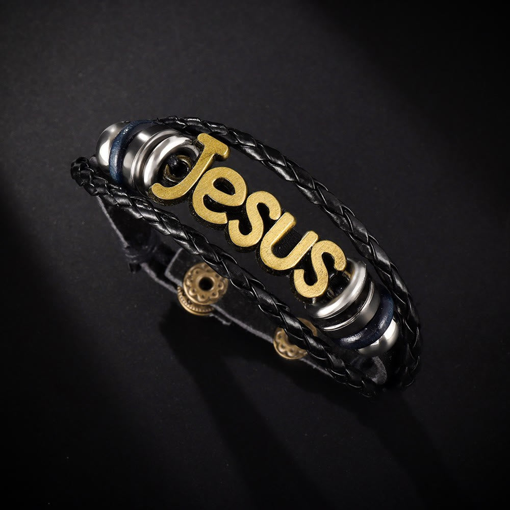 Christianartworkshop Two - Tone Jesus Charm Bracelet on Black Braided Leather - image 1