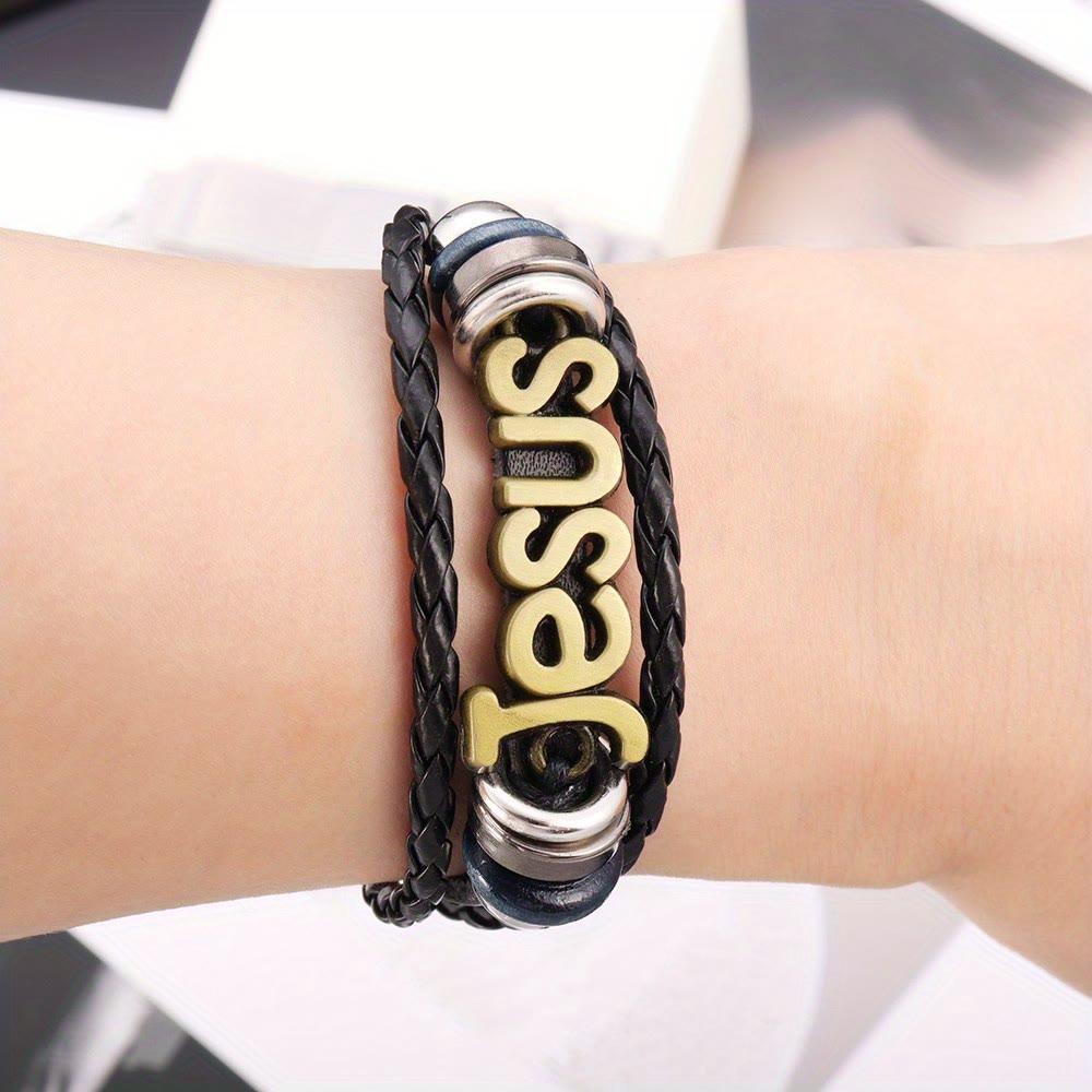 Christianartworkshop Two - Tone Jesus Charm Bracelet on Black Braided Leather - image 2