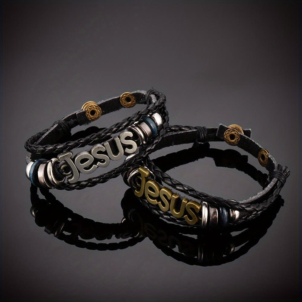 Christianartworkshop Two - Tone Jesus Charm Bracelet on Black Braided Leather - image 7