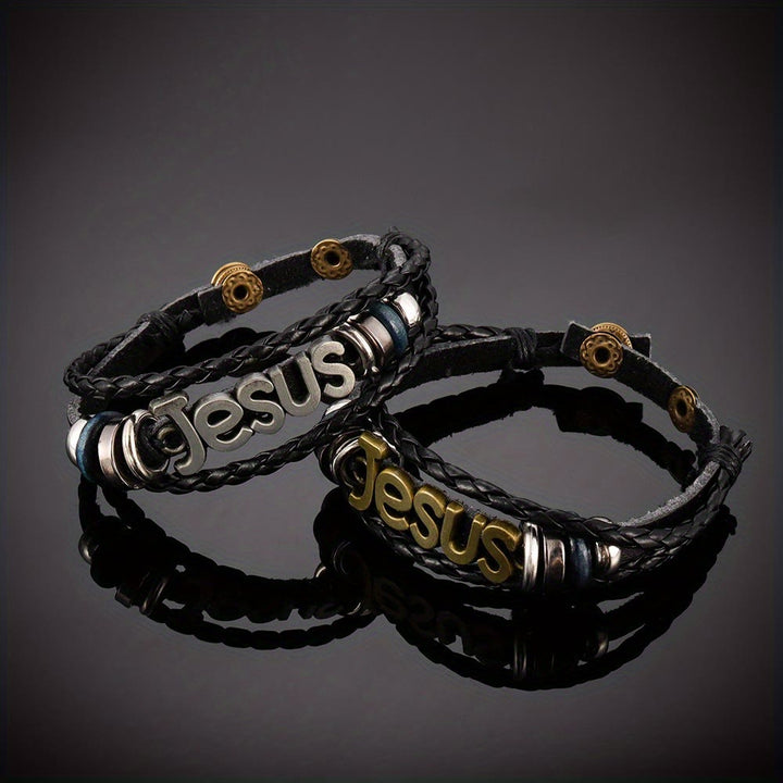 Christianartworkshop Two - Tone Jesus Charm Bracelet on Black Braided Leather - image 7