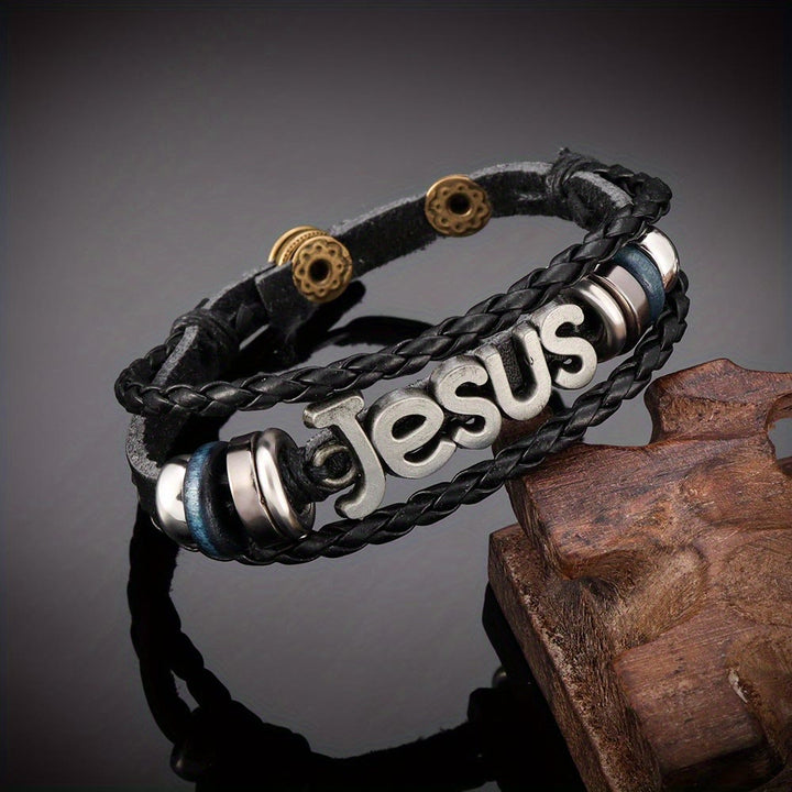 Christianartworkshop Two - Tone Jesus Charm Bracelet on Black Braided Leather - Silver - image 3