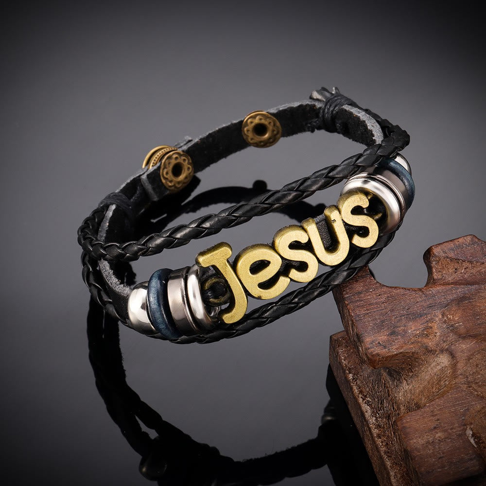 Christianartworkshop Two - Tone Jesus Charm Bracelet on Black Braided Leather - Bronze - image 0