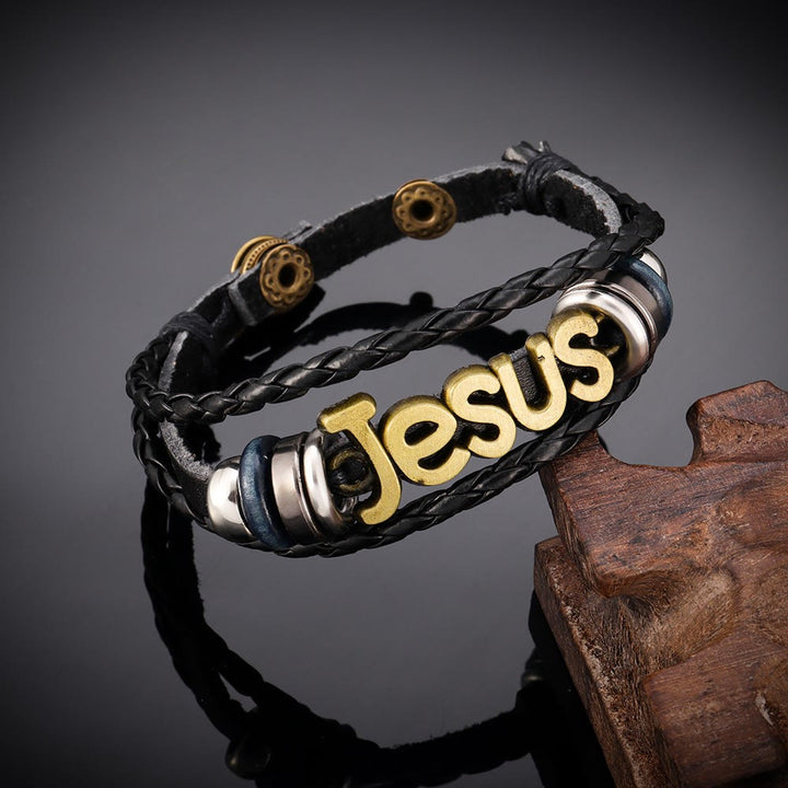 Christianartworkshop Two - Tone Jesus Charm Bracelet on Black Braided Leather - Bronze - image 0