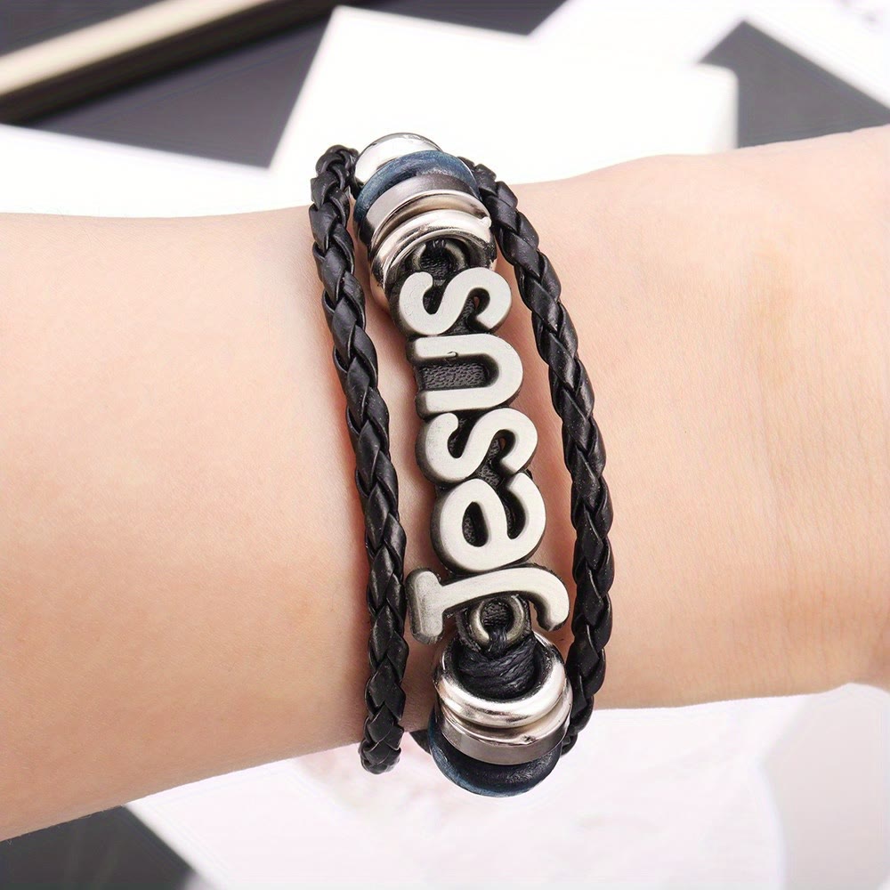 Christianartworkshop Two - Tone Jesus Charm Bracelet on Black Braided Leather - image 5