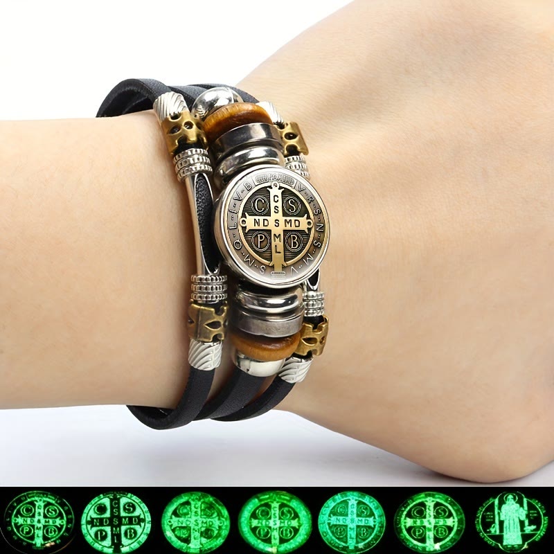 Christianartworkshop St. Benedict Collection Black Leather Cuff Bracelet with Multiple Faith Designs - image 1