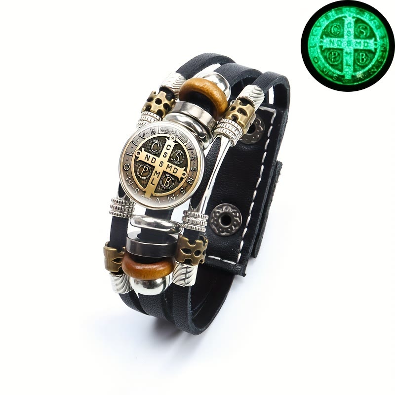 Christianartworkshop St. Benedict Collection Black Leather Cuff Bracelet with Multiple Faith Designs - St. Benedict -8 - image 9