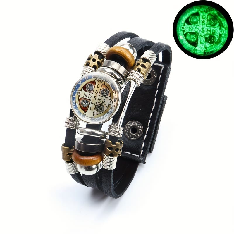 Christianartworkshop St. Benedict Collection Black Leather Cuff Bracelet with Multiple Faith Designs - St. Benedict -2 - image 3