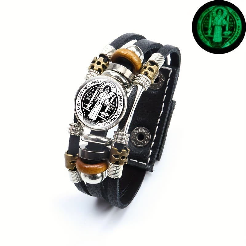 Christianartworkshop St. Benedict Collection Black Leather Cuff Bracelet with Multiple Faith Designs - St. Benedict -3 - image 4