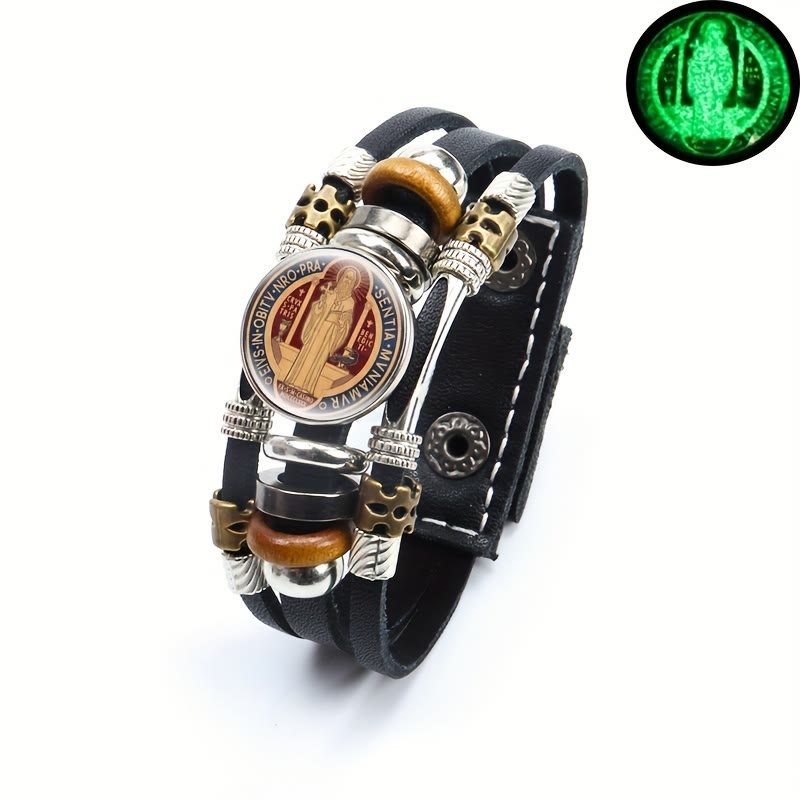 Christianartworkshop St. Benedict Collection Black Leather Cuff Bracelet with Multiple Faith Designs - St. Benedict -9 - image 10