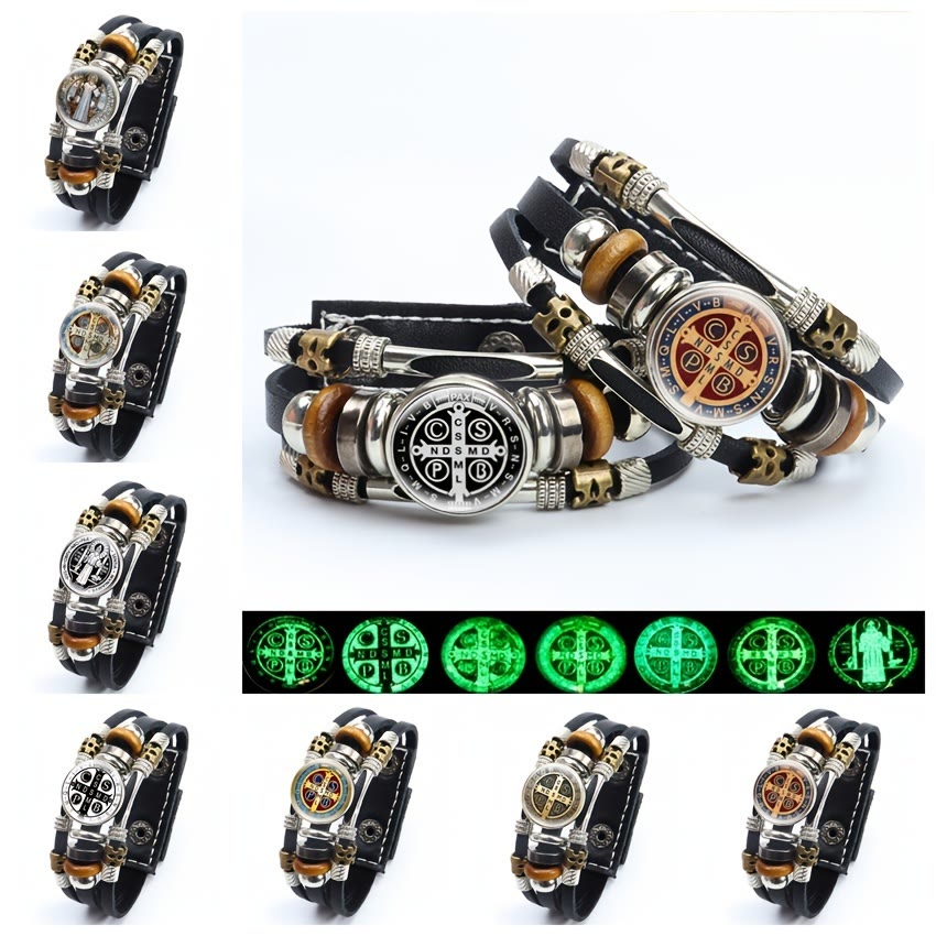 Christianartworkshop St. Benedict Collection Black Leather Cuff Bracelet with Multiple Faith Designs - image 12