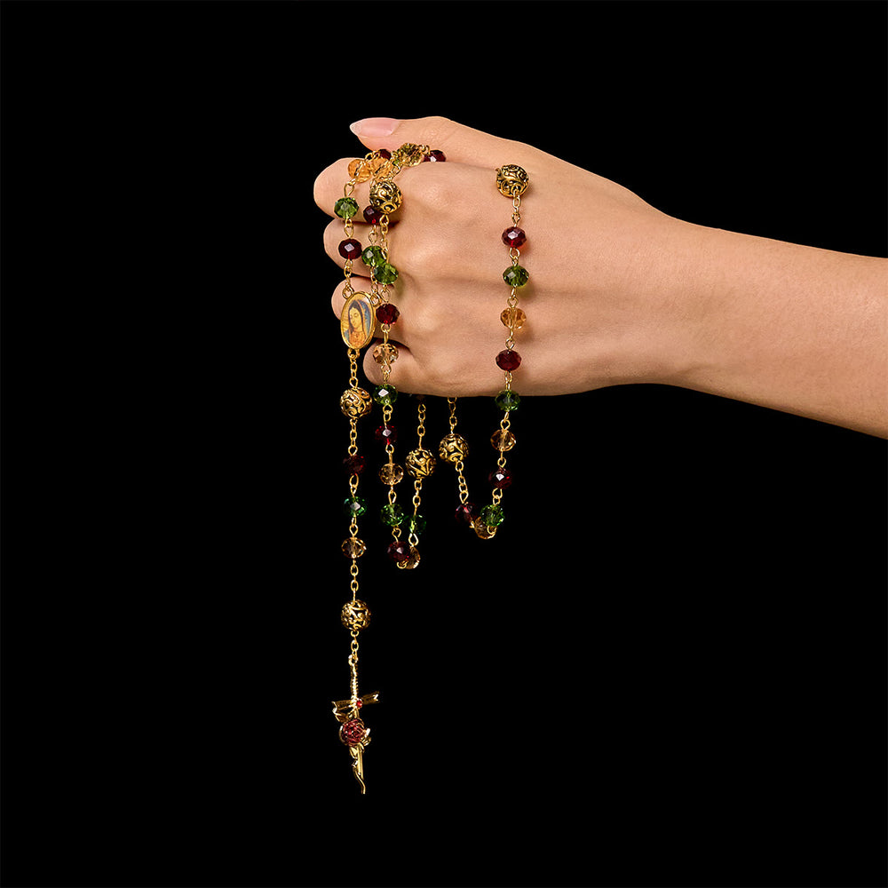 Christianartworkshop Vintage Red Green Faceted Beads Christmas Rosary with Our Lady & Rose Crucifix - image 1
