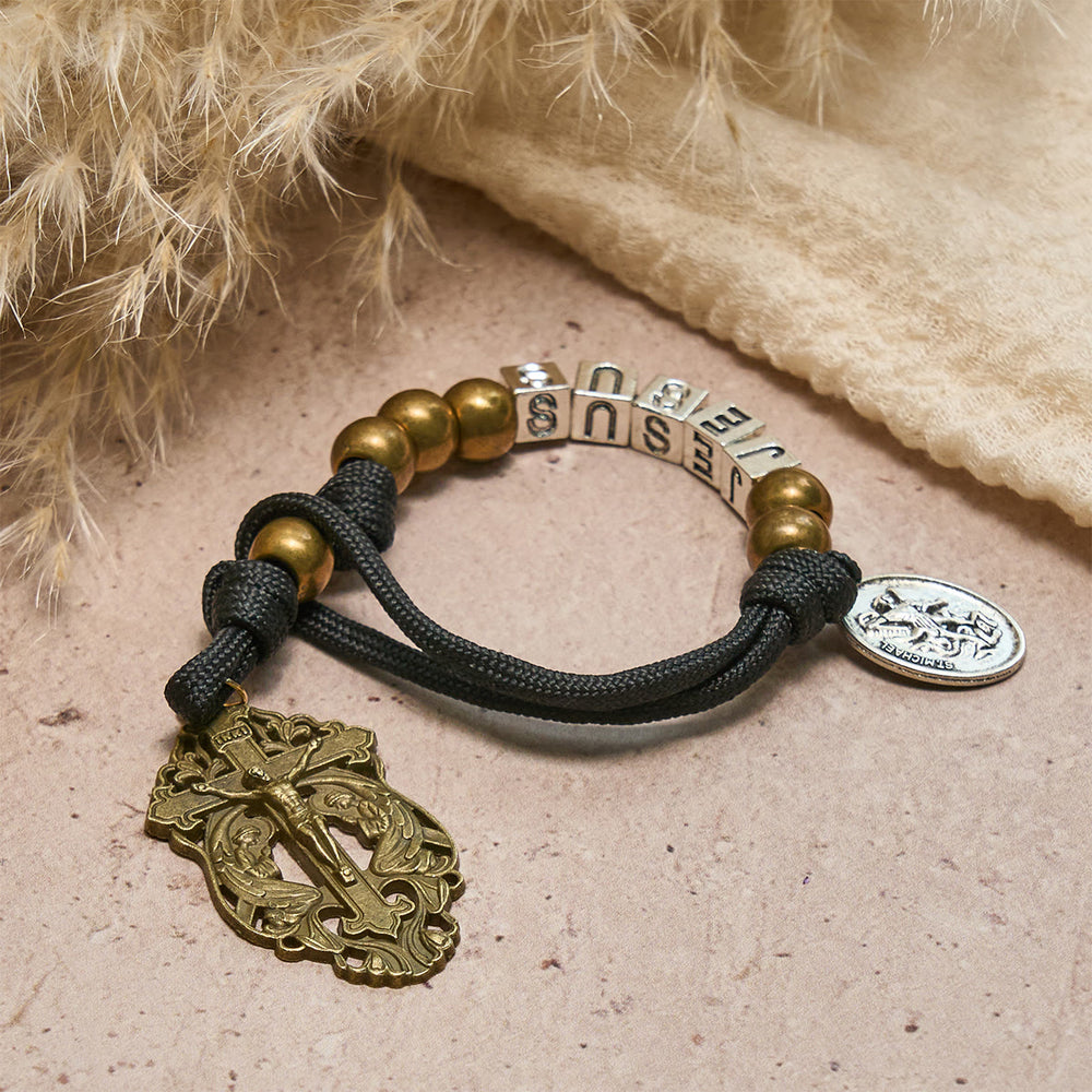 Christianartworkshop Minimal Black Rugged Pocket Rosary with St. Michael & Personalized JESUS Letter - image 1