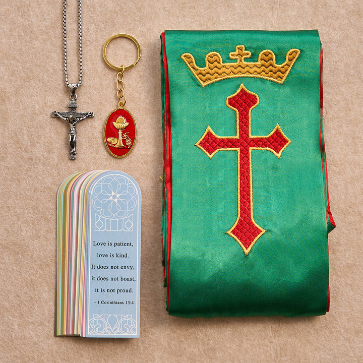 Christianartworkshop Green Cross-Crown Blessing Set with Gold Crucifix & Scripture: Live in Hope - Silver Necklace - image 2