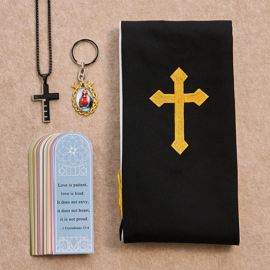 Christianartworkshop Black Golden Cross Blessing Set with Madonna & Scripture Cross: Live in Faith - Black  Necklace - image 0