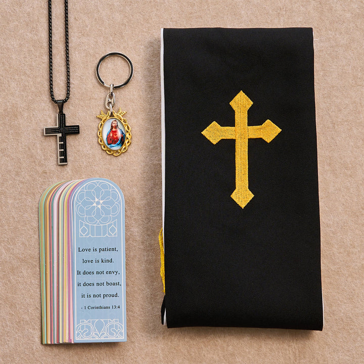 Christianartworkshop Black Golden Cross Blessing Set with Madonna & Scripture Cross: Live in Faith - Black  Necklace - image 0
