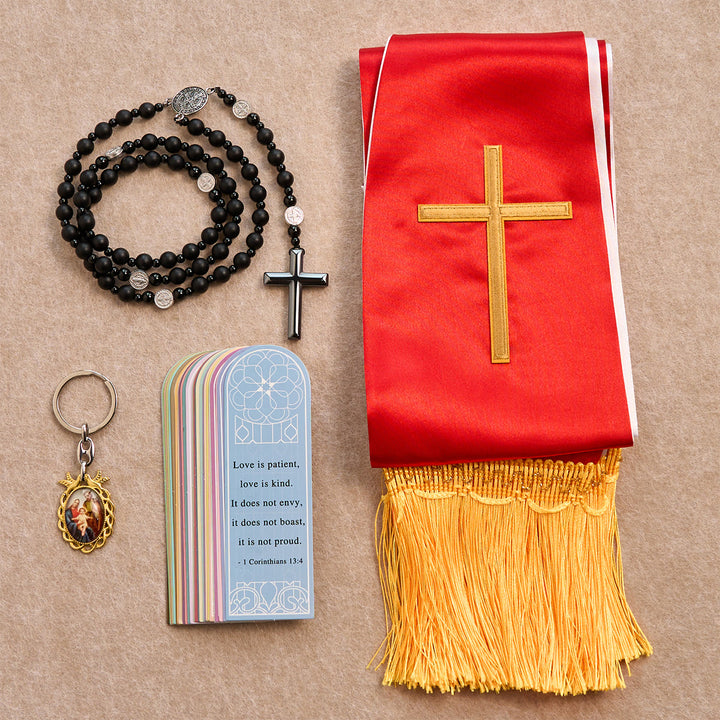 Christianartworkshop Red Golden Cross Blessing Set with Madonna & Gallstone Rosary: Live in Love - Gallstone-Cross Rosary - image 0