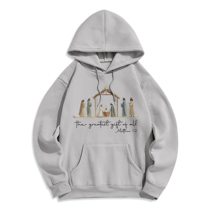 Christianartworkshop Cozy Nativity Scene Greatest Gift Scripture Fleece Lined Polyester Hoodie - Grey - 2XL - image 3