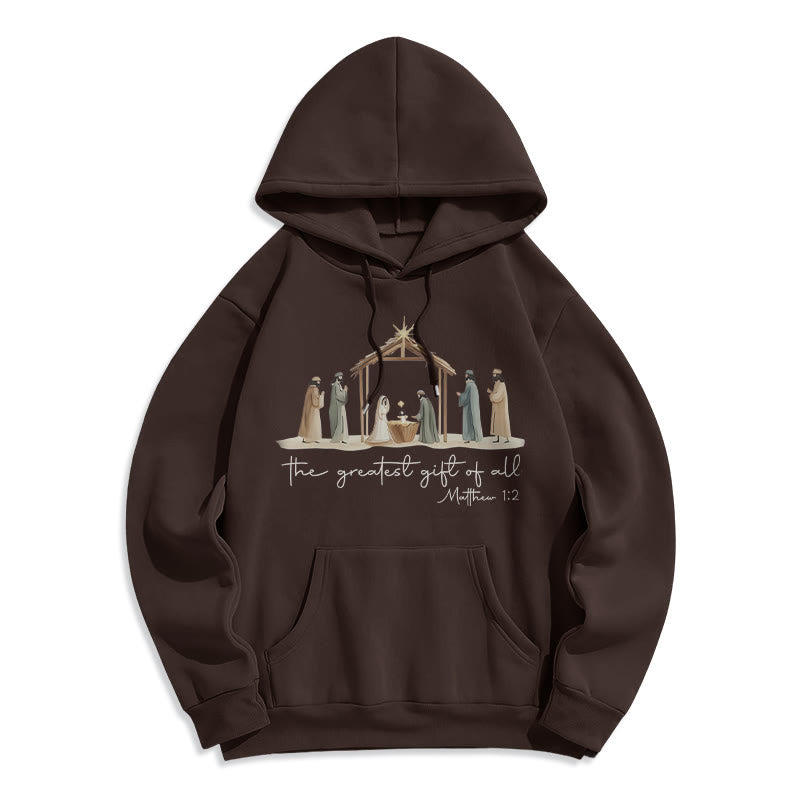 Christianartworkshop Cozy Nativity Scene Greatest Gift Scripture Fleece Lined Polyester Hoodie - Brown - 2XL - image 5