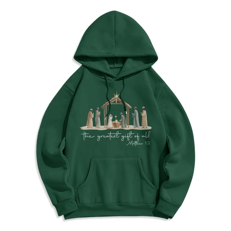 Christianartworkshop Cozy Nativity Scene Greatest Gift Scripture Fleece Lined Polyester Hoodie - Green - 2XL - image 0