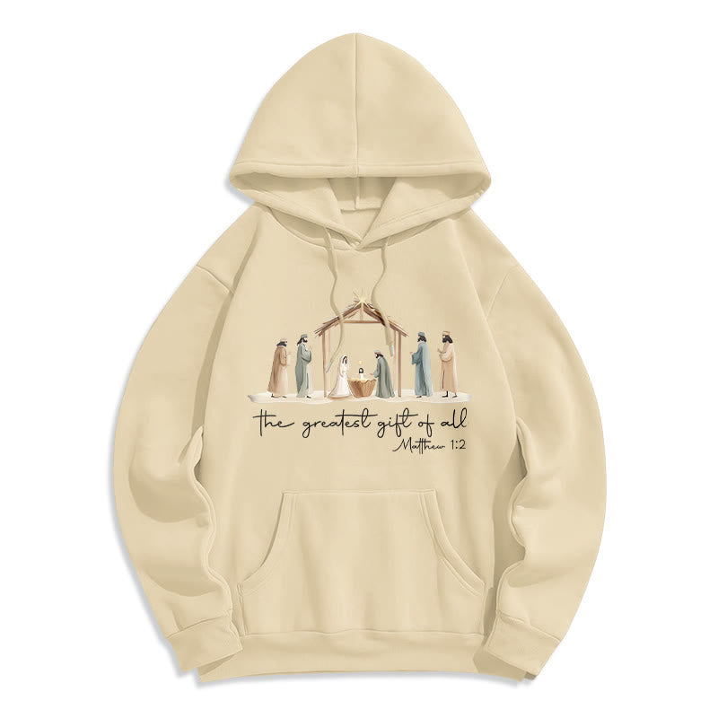 Christianartworkshop Cozy Nativity Scene Greatest Gift Scripture Fleece Lined Polyester Hoodie - Beige - 2XL - image 3
