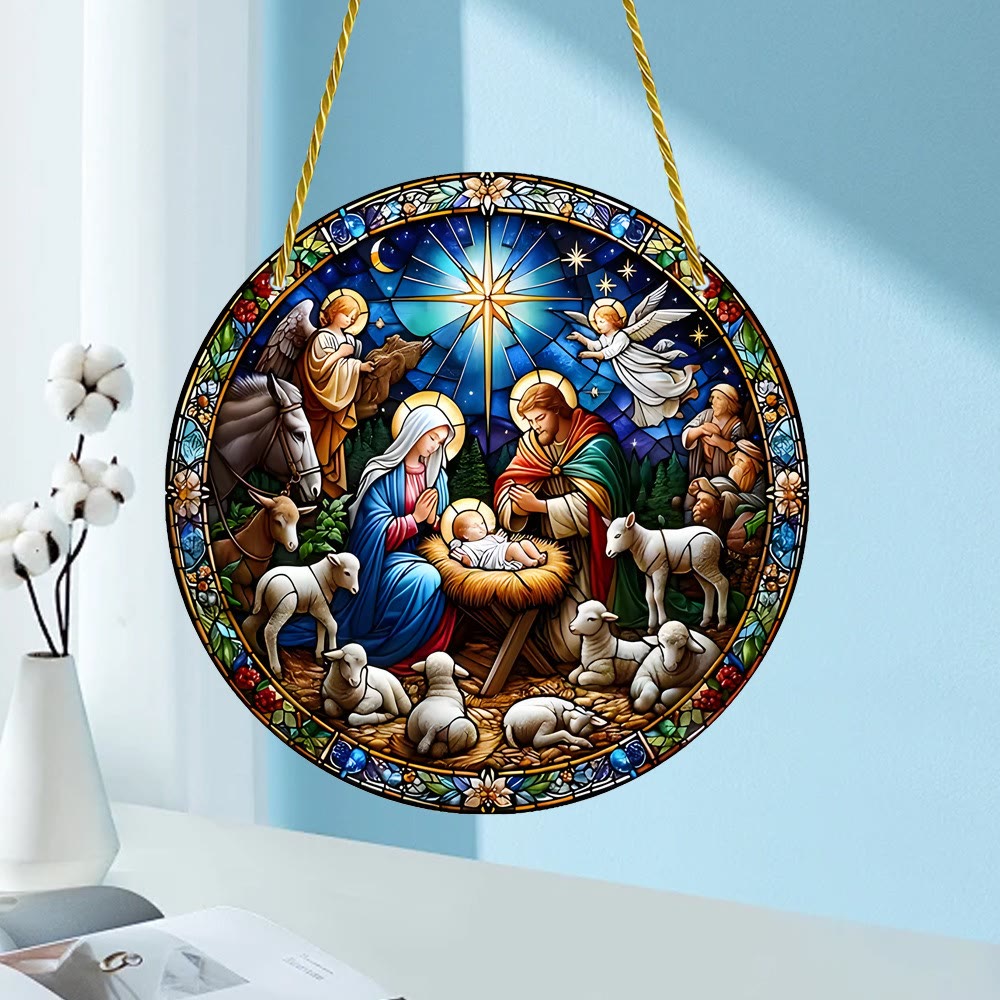 Christianartworkshop Cathedral Style Sapphire Night Nativity Scene Hanging Ornaments - image 6