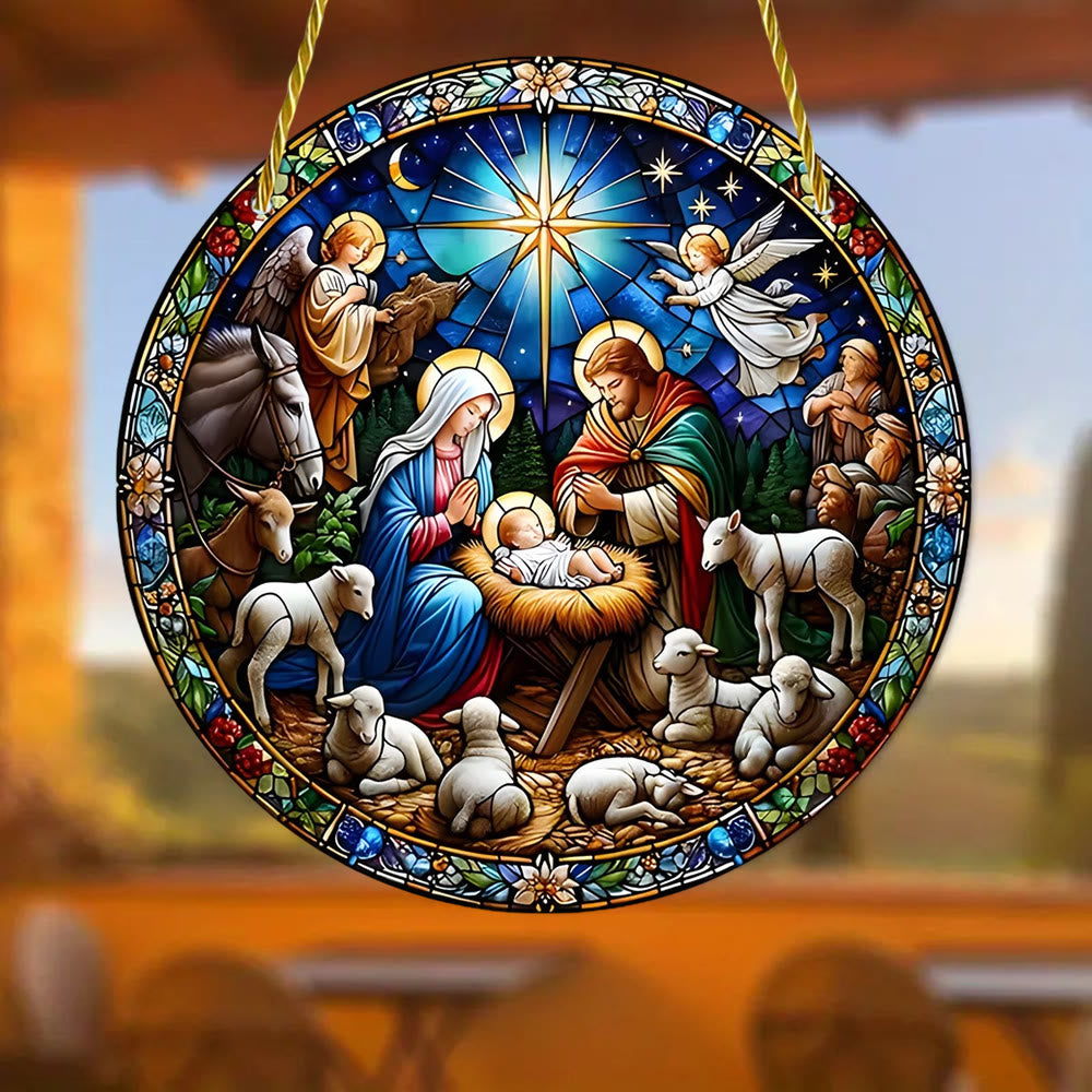 Christianartworkshop Cathedral Style Sapphire Night Nativity Scene Hanging Ornaments - image 1