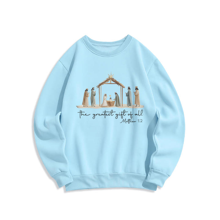 Christianartworkshop Cozy Nativity Scene Greatest Gift Scripture Fleece Lined Polyester Sweatshirt - Blue - 2XL - image 0