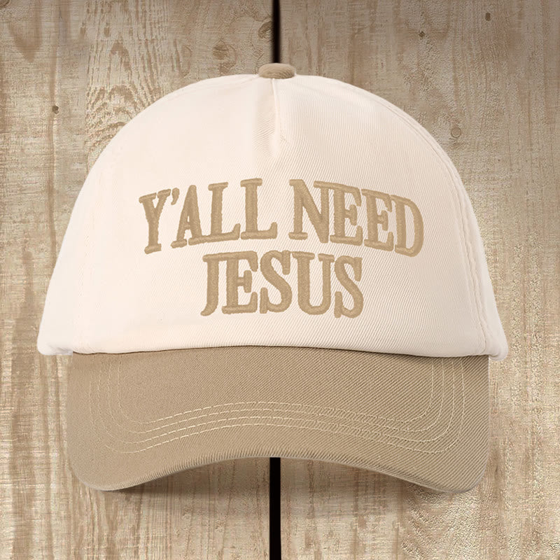 Christianartworkshop Y'ALL NEED JESUS Daily Color - Blocked Hat: Faith Reminder for Casual Moments - Beige with Khaki - image 0