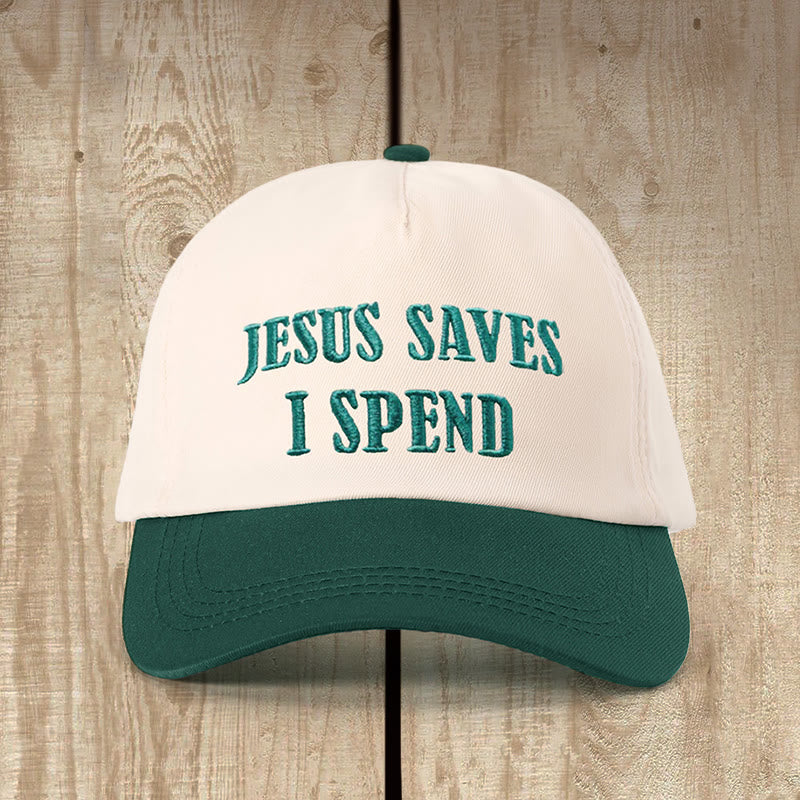 Christianartworkshop Jesus Saves I Spend Color - Blocked Hat: Faithful Humor for Everyday Wear - Beige with Green - image 1