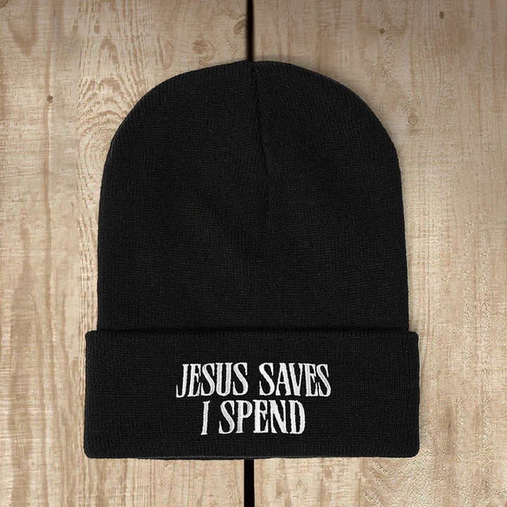 Christianartworkshop Jesus Saves I Spend Humorous Faith Knit Beanie: Faithful Humor for Chilly Days - Black - image 2