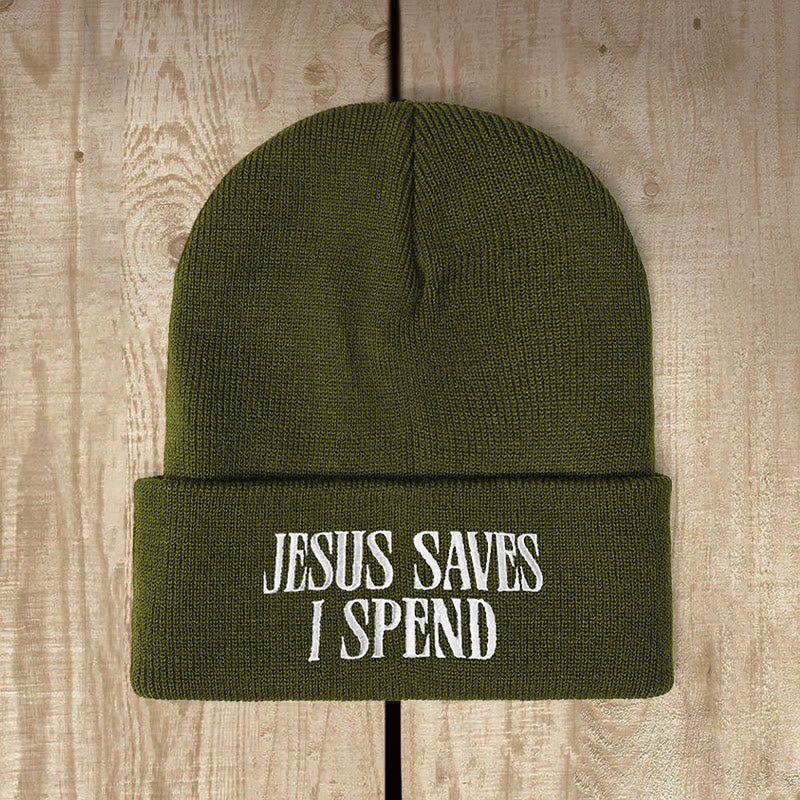 Christianartworkshop Jesus Saves I Spend Humorous Faith Knit Beanie: Faithful Humor for Chilly Days - Army Green - image 3