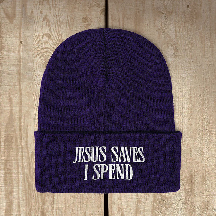 Christianartworkshop Jesus Saves I Spend Humorous Faith Knit Beanie: Faithful Humor for Chilly Days - Navy Blue - image 1
