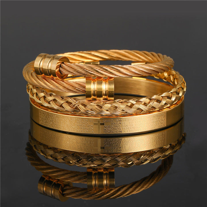 Christianartworkshop Layered Minimalist Style Spiral-Braid Cross & Lord's Prayer Bracelet - Golden - B - image 1